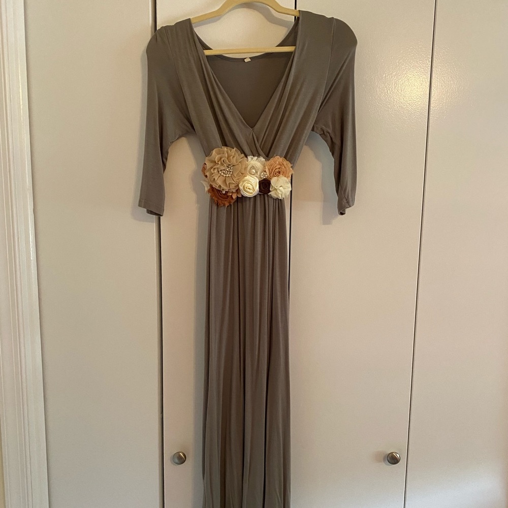 KIM S Maternity Maxi Dress with Flower Sash - Olive - Small